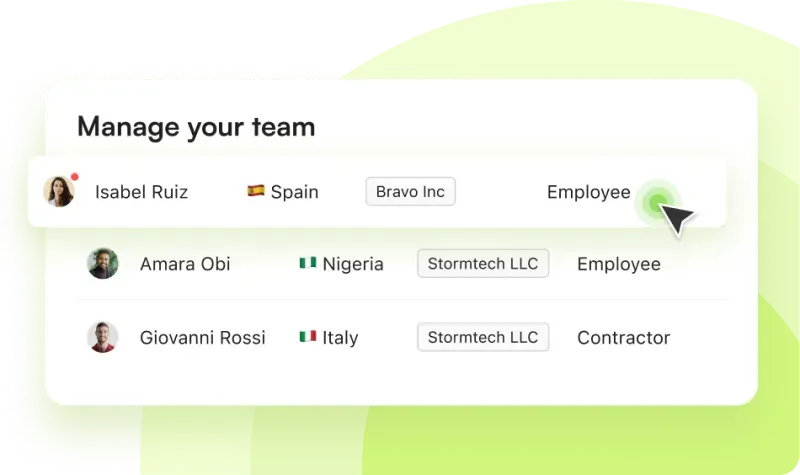 Manage your team interface showing employees and contractors